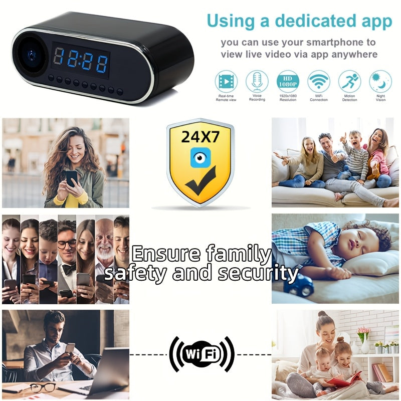 Mini camera clock with HD 1080P WiFi, night vision, wide-angle monitoring, and 64gb memory card for home security.