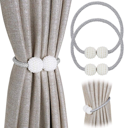 Set of 2 Pearl Magnetic Curtain Tiebacks - Stylish Solution for Holding Back Small, Thin, or Sheer Window Drapes with Ease