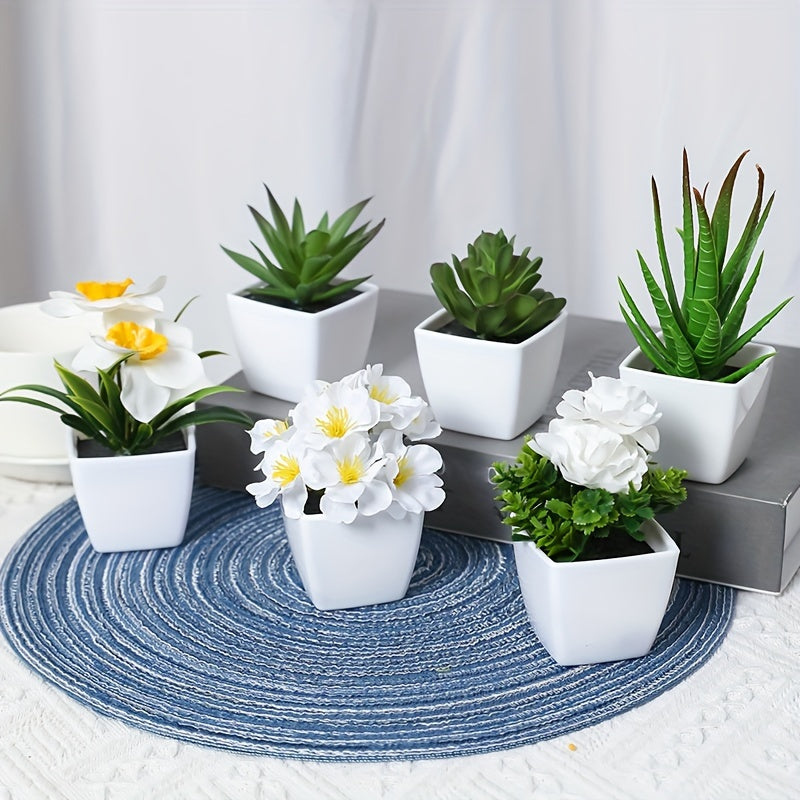 6pcs Artificial Succulents & Flowers in White Pots - Ideal for Home & Office Decor | Realistic & Versatile Mini Plants for All Seasons