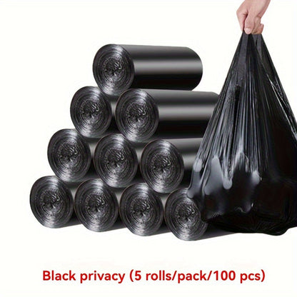 The pack contains 100 tablets and 5 packs of small disposable trash bags, perfect for storing waste and cleaning different areas like the living room, bedroom, kitchen, and bathroom.