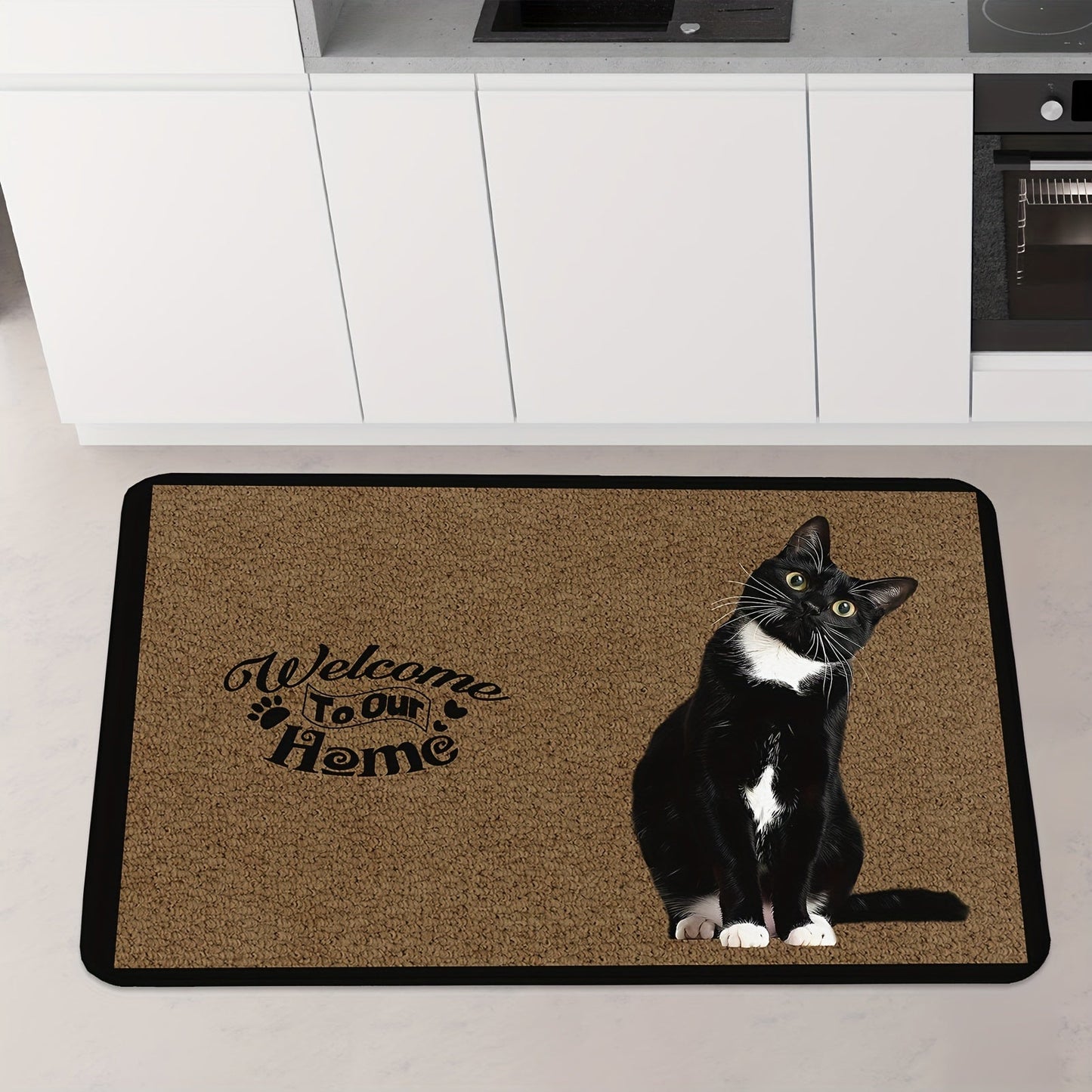 Cat Pattern Door Mat, featuring a Non-Slip Base, Stain Resistant, and Quick Drying properties. Suitable for Indoor and Outdoor use in areas such as the Kitchen, Entryway, Living Room, Balcony, Laundry Room, and more. Enhance your Home Decor with this