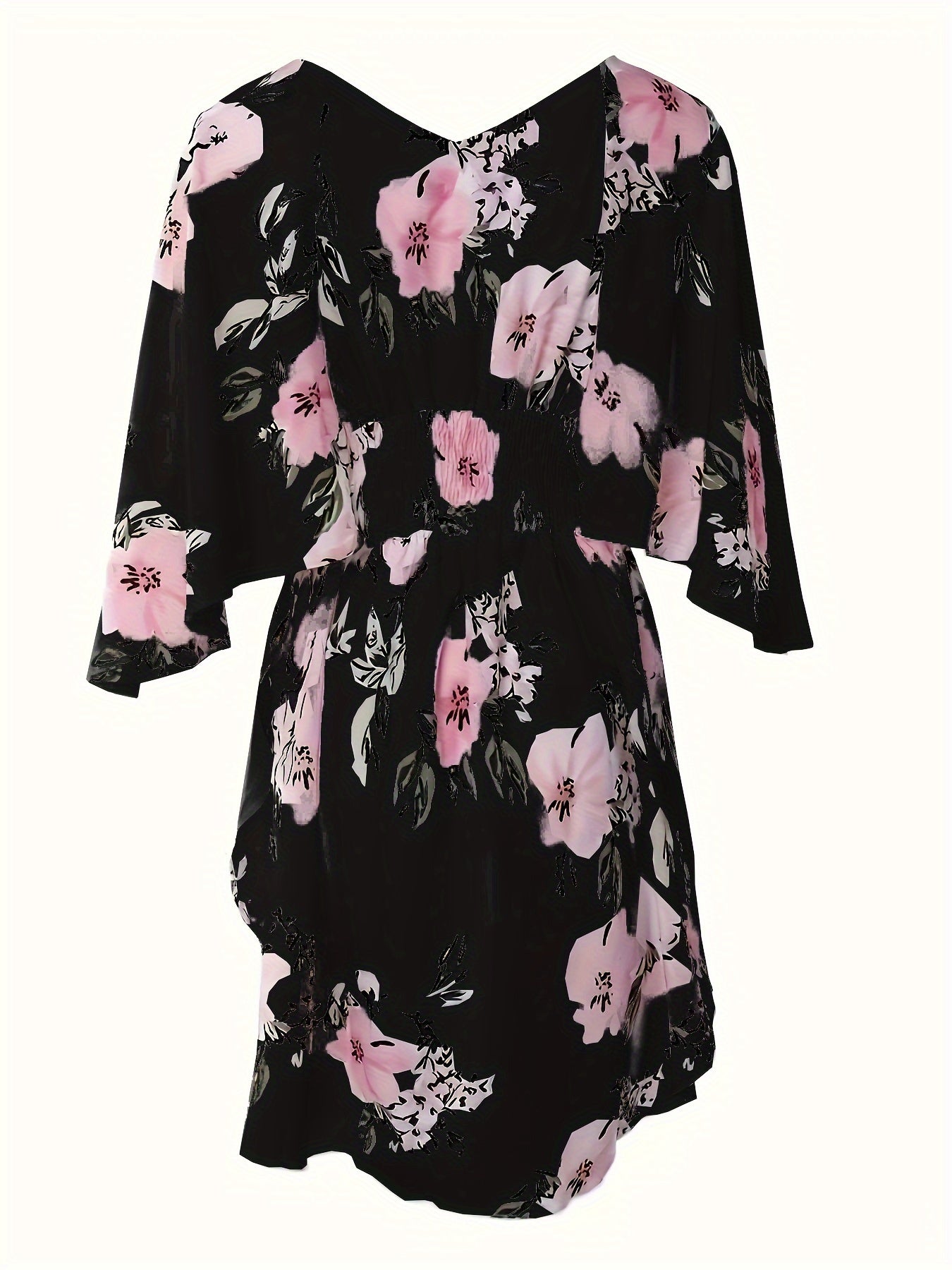 Floral print V-neck dress with tie waist and flare sleeves for spring and summer.