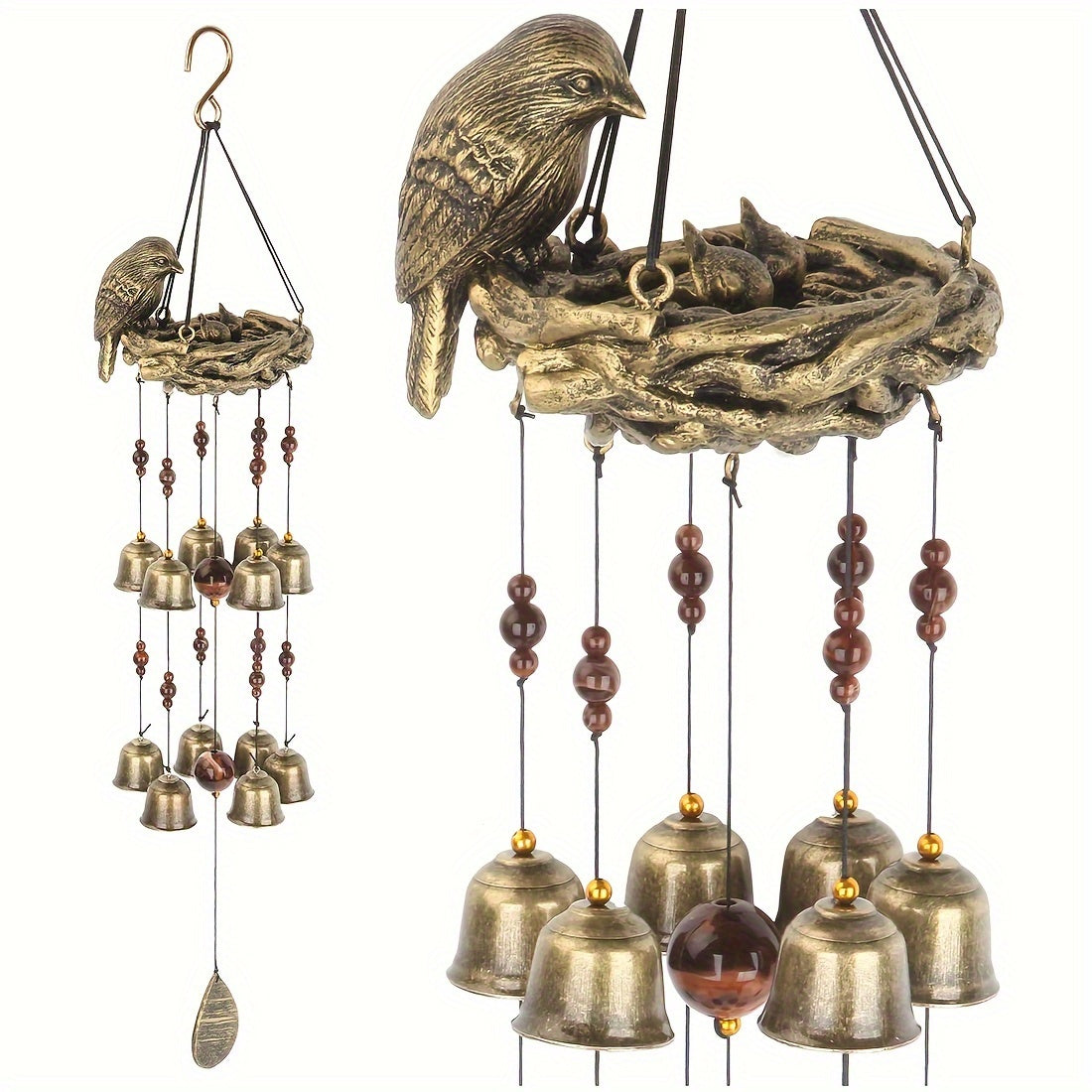 Wind chime with 12 bird bells, ideal gift for mother's love, garden decoration in bronze finish.