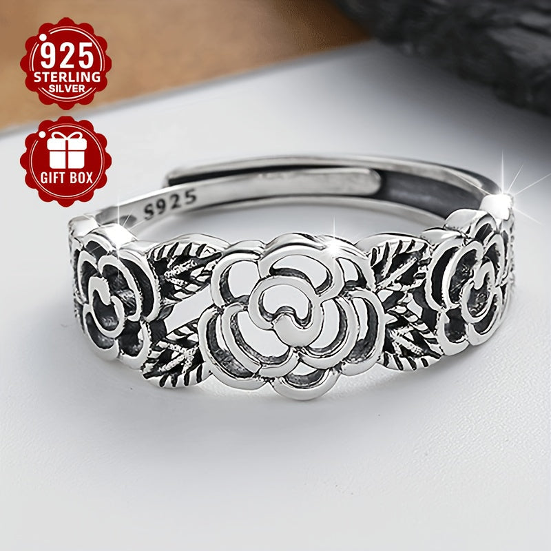 Retro sterling silver ring featuring a hollow rose flower design with an ethnic flair, perfect for literary-inspired ladies looking to add a unique touch to their daily or party outfits. Lightweight at about 2.5g.