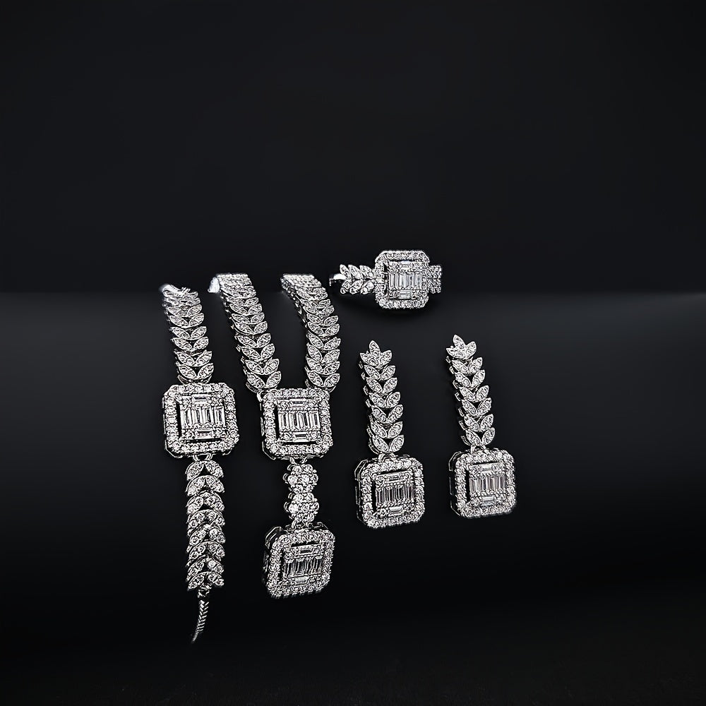 Sophisticated 4-piece Jewelry Set featuring Cubic Zirconia - Opulent Necklace, Earrings, Bracelet, and Ring perfect for Weddings, Engagements, and Special Events.