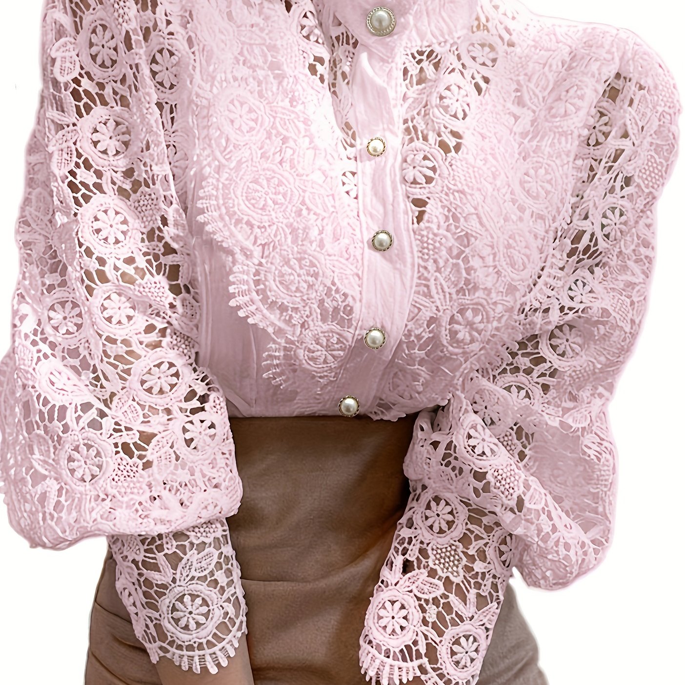 Victorian lace blouse with pearl buttons and intricate floral patterns, suitable for casual or semi-formal events.