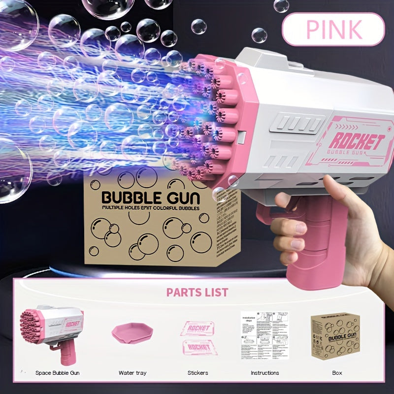 Portable electric bubble gun toy with 40 holes, colorful bubble streams, and mechanical style for summer parties and birthdays. Batteries and bubble solution not included. Safe and fun