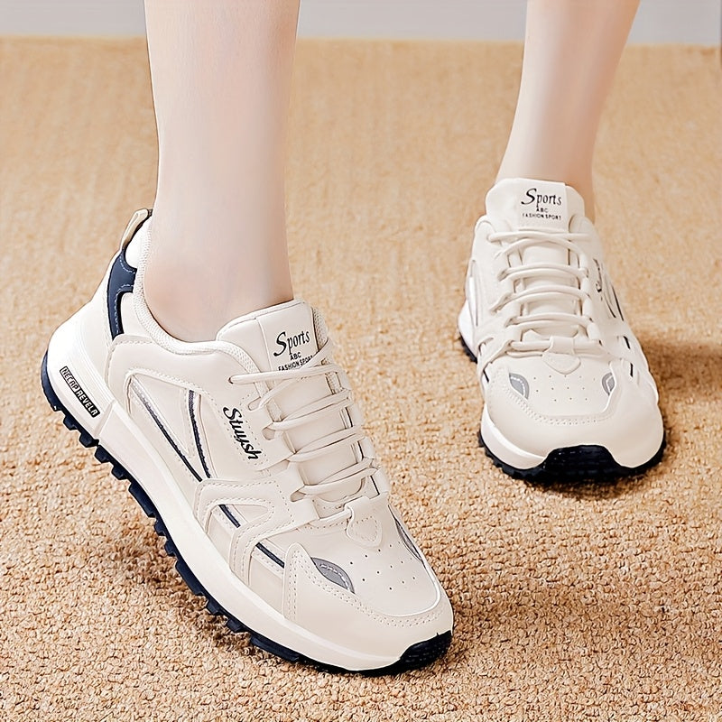 Women's Casual Athletic Sneakers in White with Black Accents - Lightweight, All-Season, Low-Top Lace-Up Shoes with Faux Leather & Mesh Interior, Comfortable PU Sole, Hand Washable