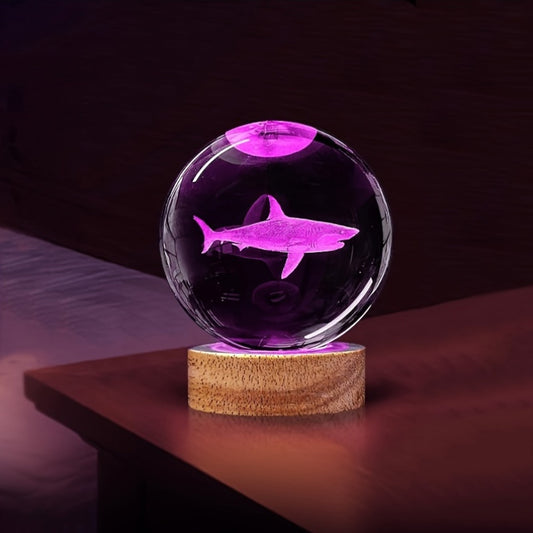 3D Shark Crystal Ball Night Light with Wooden LED Base, USB Powered, Perfect for Bedroom Decor and Gifts