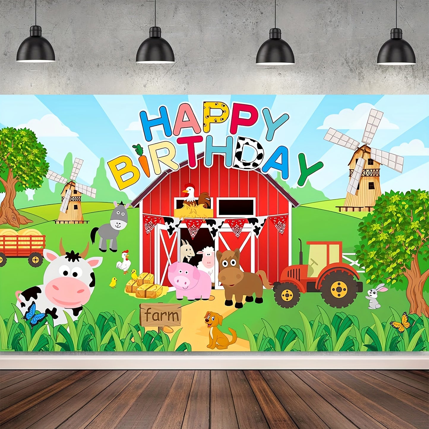 Large farm animal birthday party backdrop for kids' celebrations, 129.54x149.86cm (70.8x90.5") polyester photo background