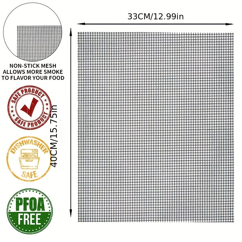 5 pieces of BBQ grill grid mats consisting of 3 black mats and 2 brown mats. These outdoor BBQ grilling mats are made of Teflon non-stick material that is high temperature resistant. They can be used for grilling fish, shrimp, and meat without sticking.