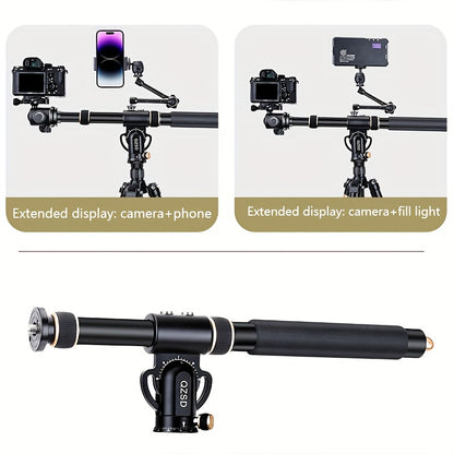 Lightweight horizontal pole with small camera swing arm for shooting vertically at 90 degrees. Compatible with DSLR, mirrorless cameras, and mobile phones. Bottom interface is 3/8 inch and