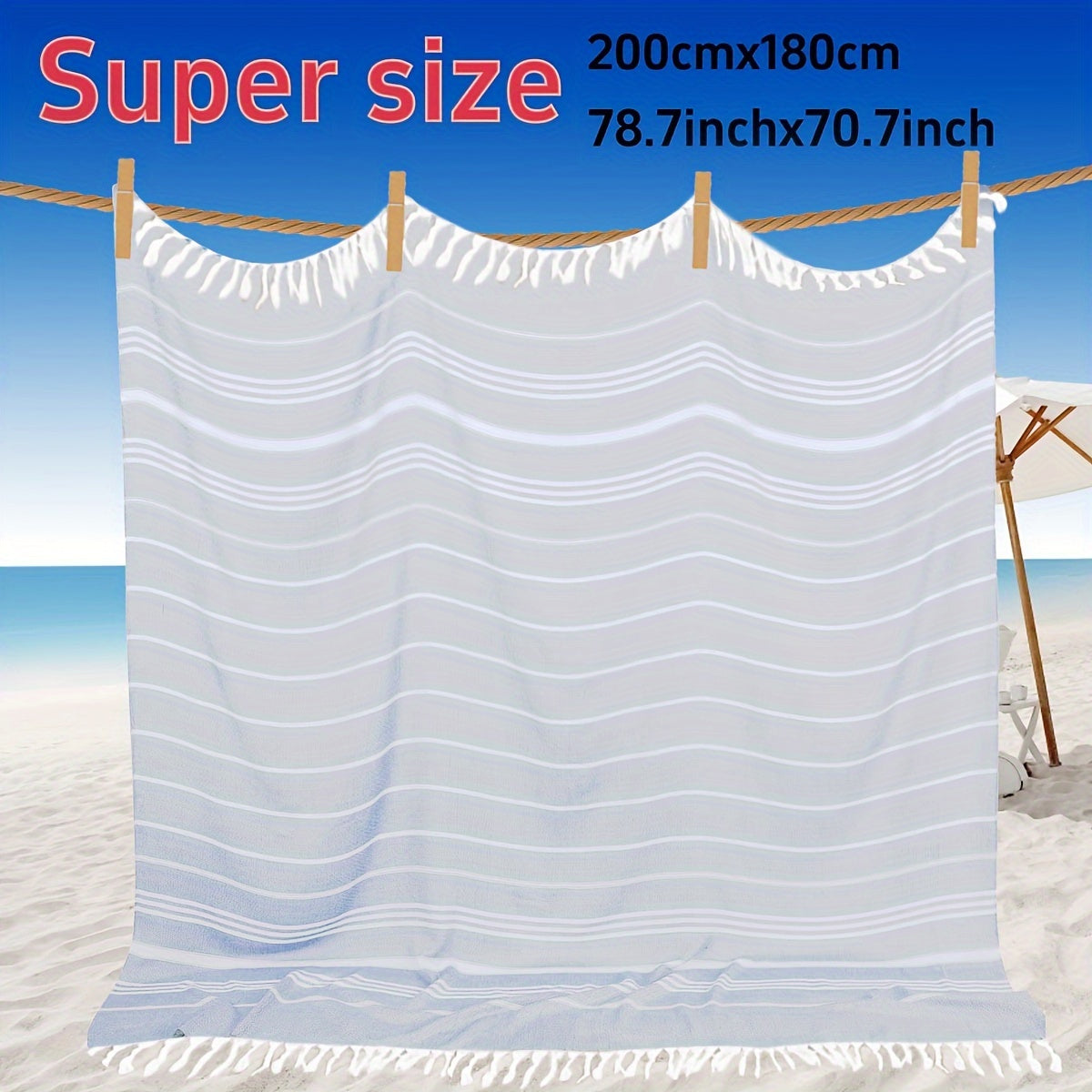 Large Turkish beach towel made of 100% cotton with modern striped woven pattern and space theme. Low linting, quick-dry, sand-free, and compact design for men and women. Perfect gift for outdoor use.