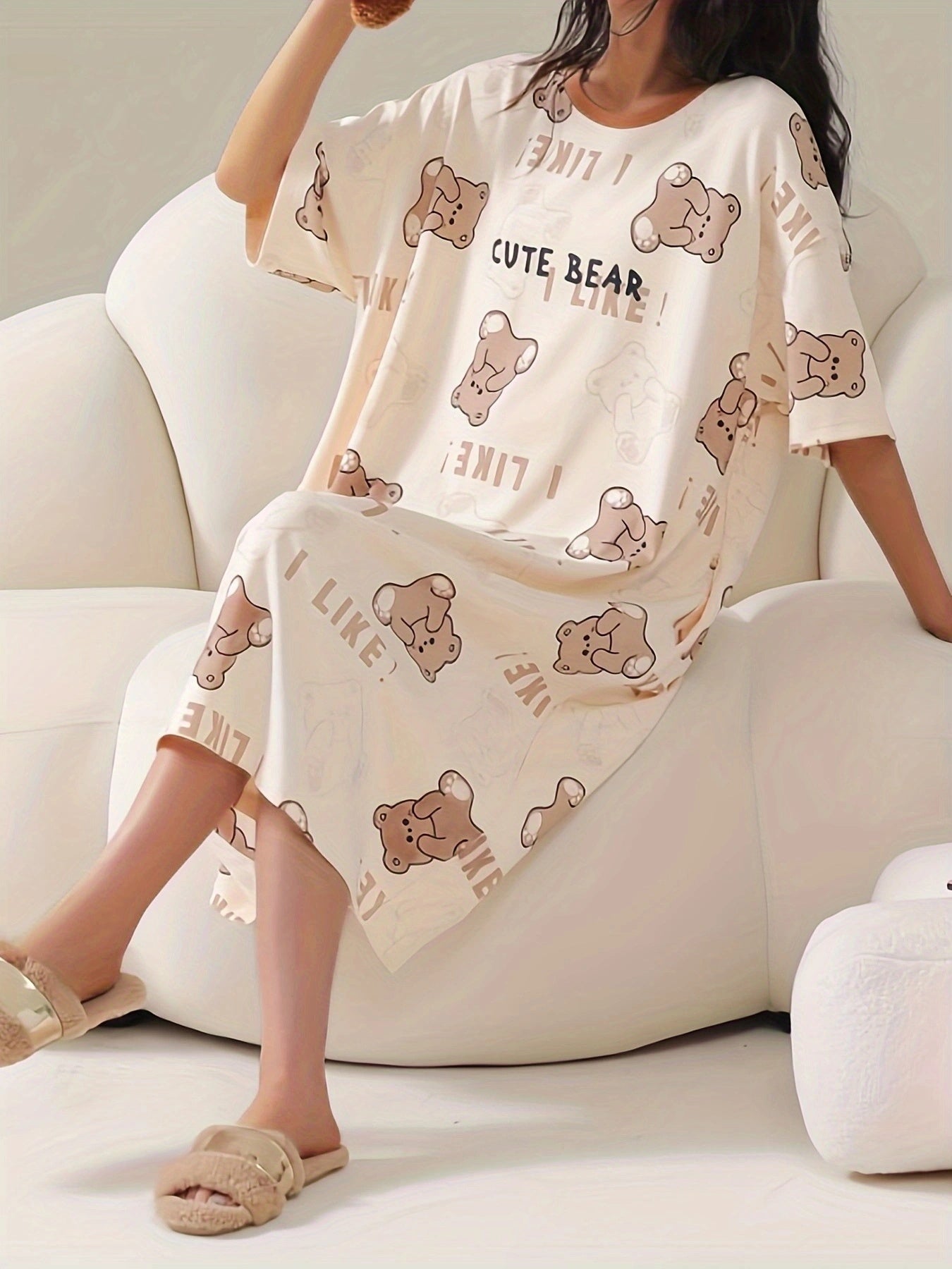 Summer Cartoon Bear Print Slim Fit Dress, Short Sleeve, Round Neck