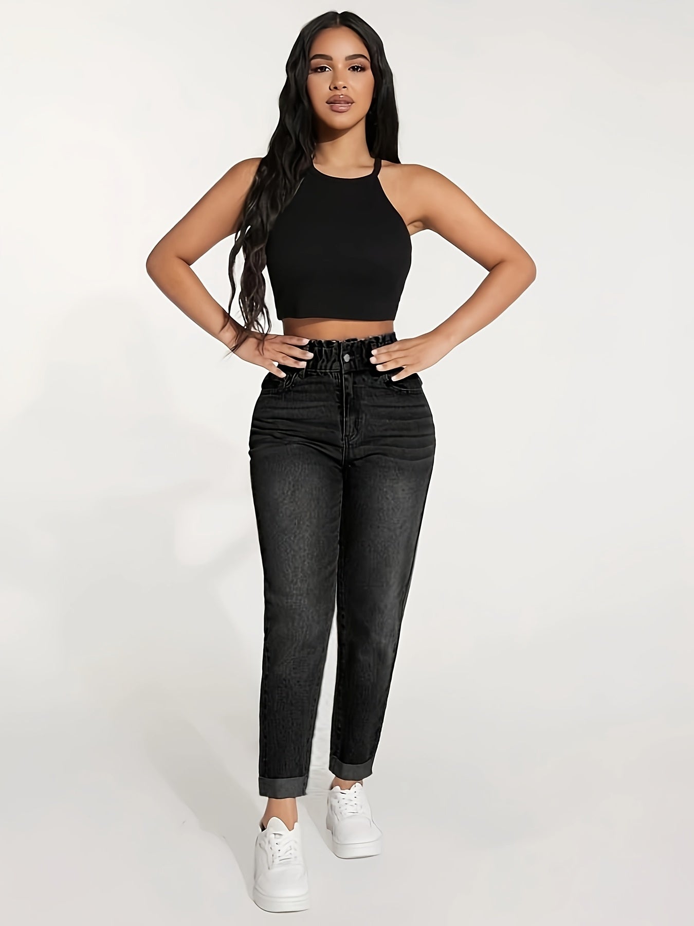 Stretch denim jeans for women with elastic waistband, butt lifting, comfort fit, and machine washable.