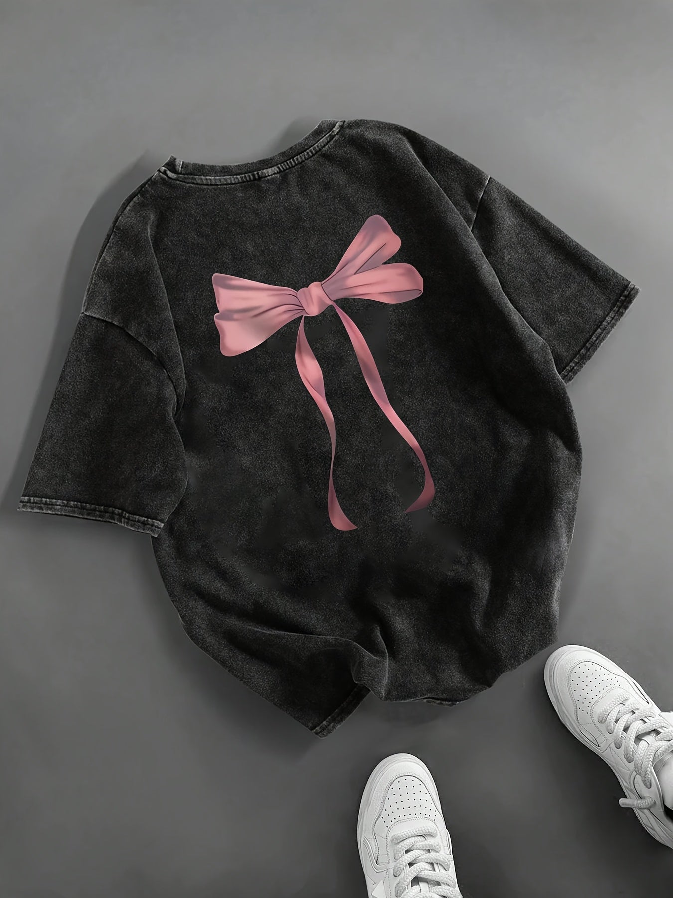 Casual Women's Distressed Black T-Shirt with Pink Bow Print, Short Sleeve, Round Neck, Machine Washable