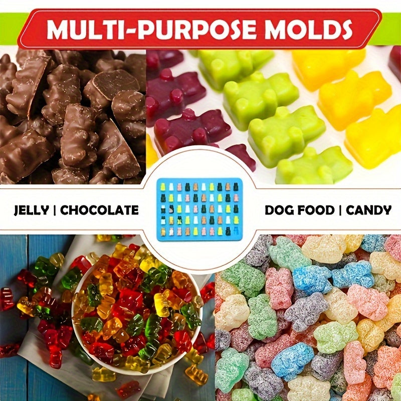 50-cavity silicone gummy bear molds for candies, chocolates, jelly, and dog treats, flexible and heat-resistant.