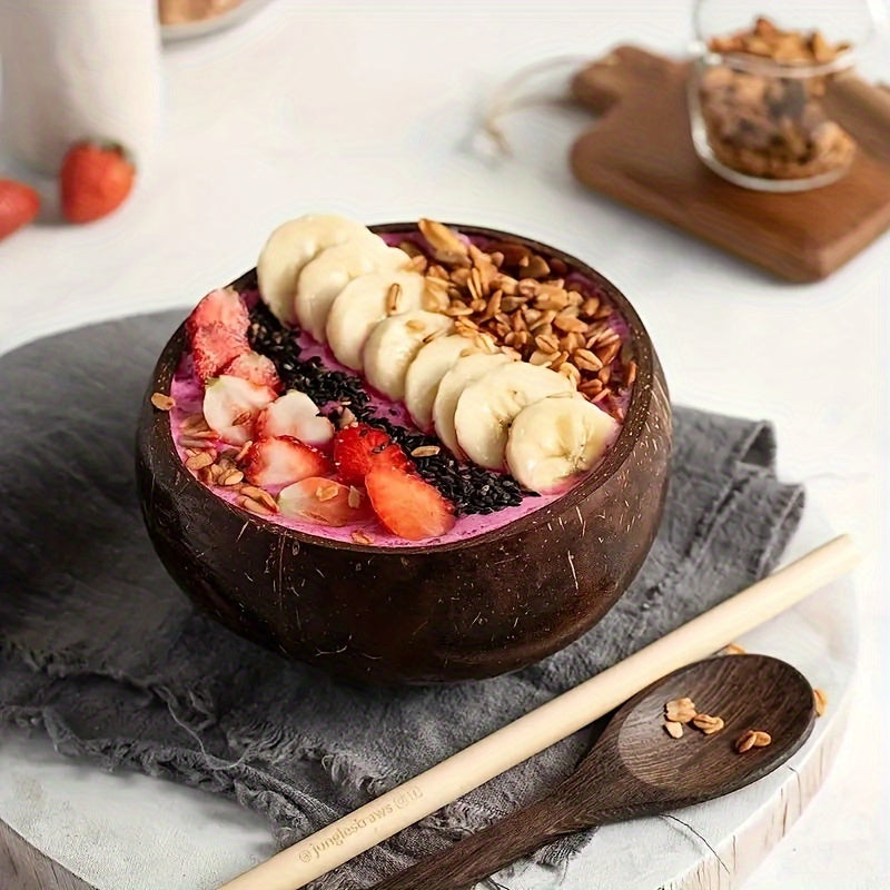 Natural coconut bowl for salads, smoothies, oatmeal, fruit yogurt. Rust-resistant, unique shape kitchen accessory.