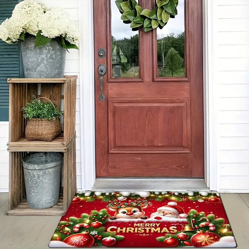 Get into the holiday spirit with this festive red flannel Christmas carpet featuring a non-slip Santa Claus and reindeer pattern. This thickened sponge carpet is perfect for adding a touch of Christmas cheer to your home decor. Use it as a door mat