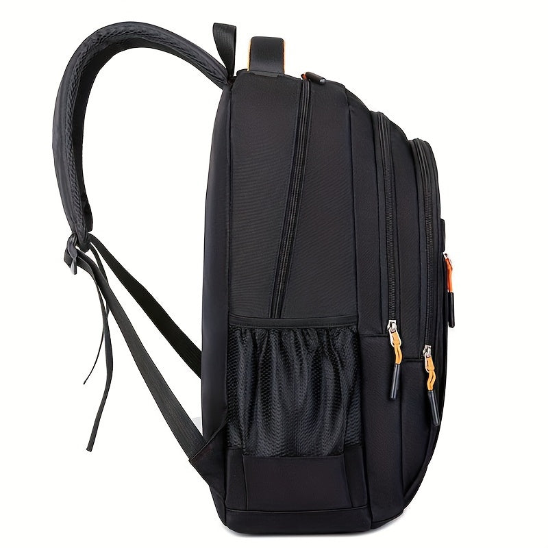 Black nylon backpack for women with tablet compartment and adjustable strap.