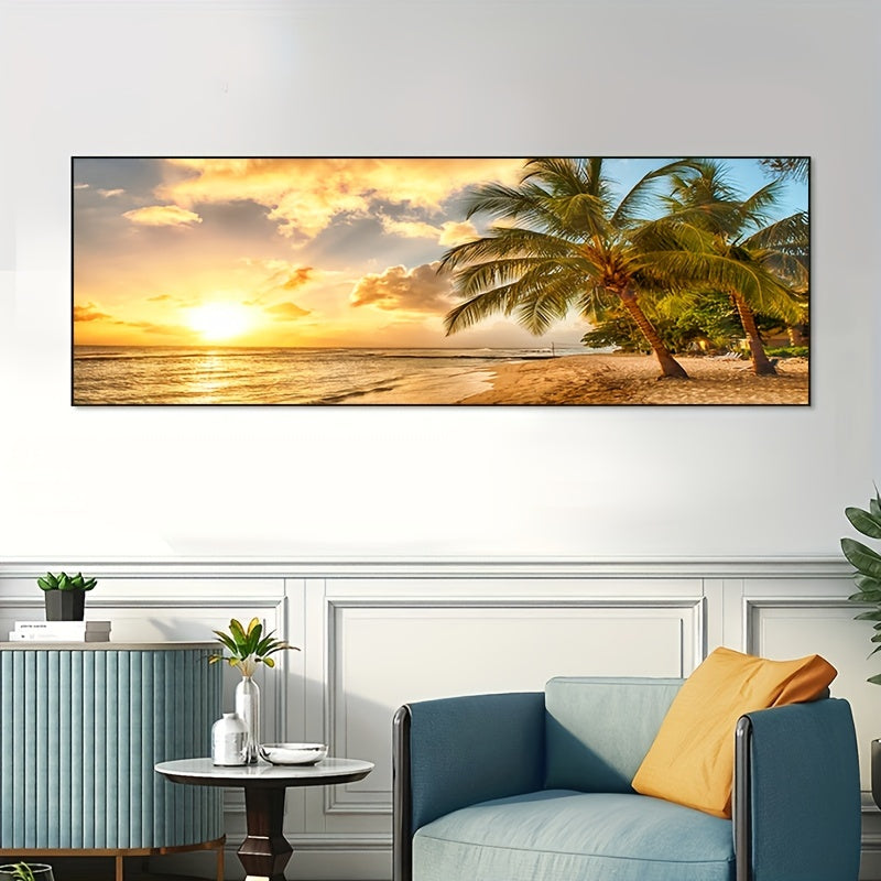 Large Modern Ocean View Coastal Canvas Painting featuring a palm tree, ocean, and sunset. Perfect for decorating a living room. Frame not included.