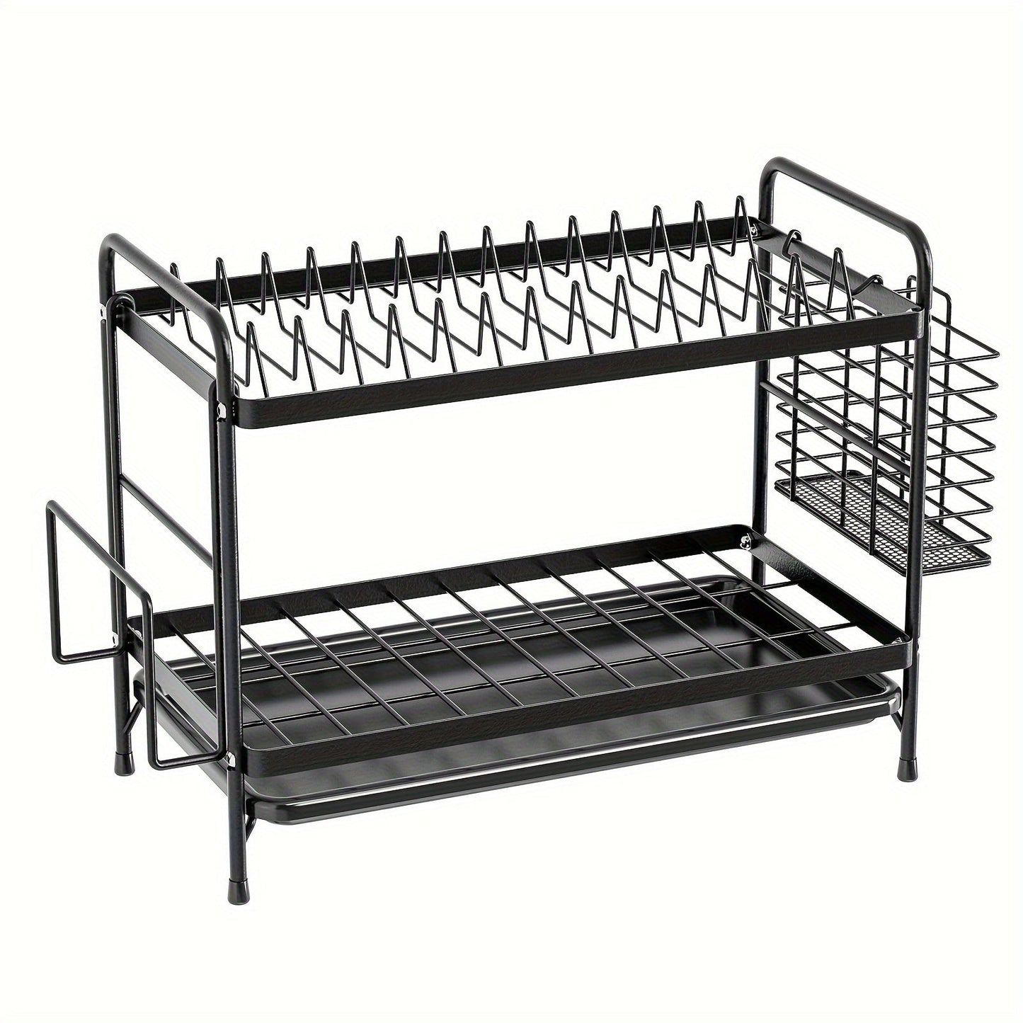 1-piece Contemporary Metal Kitchen Dish Rack with Drainboard, Versatile Open-Storage Organizer for Plates, Cups, Utensils, and Cutting Board Holder - No Power Required, Black