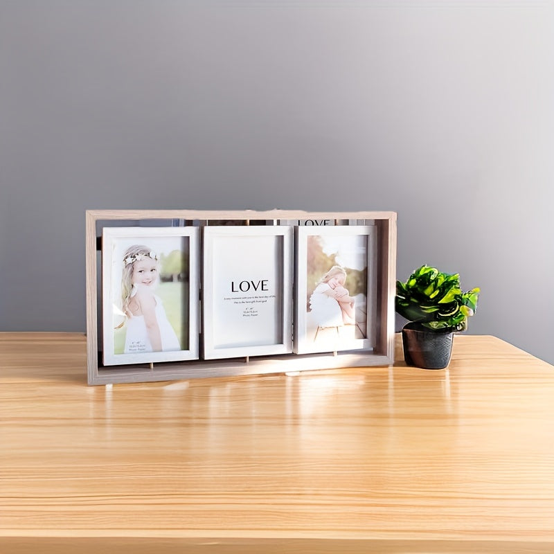 One piece of a wooden double-sided picture frame stand with a tri-fold design that holds multiple photos. Suitable for ages 14 and above.