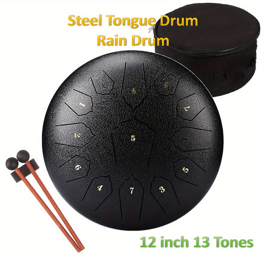 12" 13-tone steel tongue drum with travel case, accessories for relaxation and meditation, suitable for outdoor use.