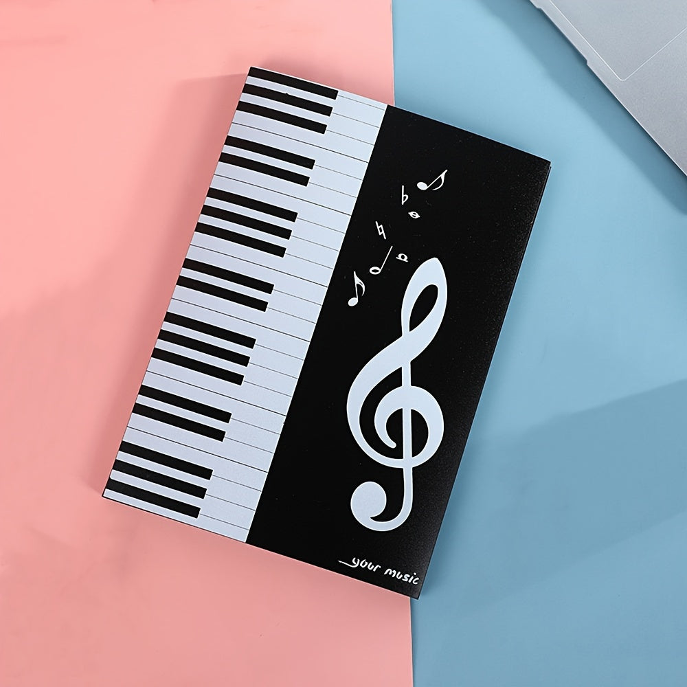 6-Page A4 music sheet holder featuring a black 3-fold PP plastic design with piano keys and musical notes. Ideal for band performances, teachers, and master classes. Great music gift.