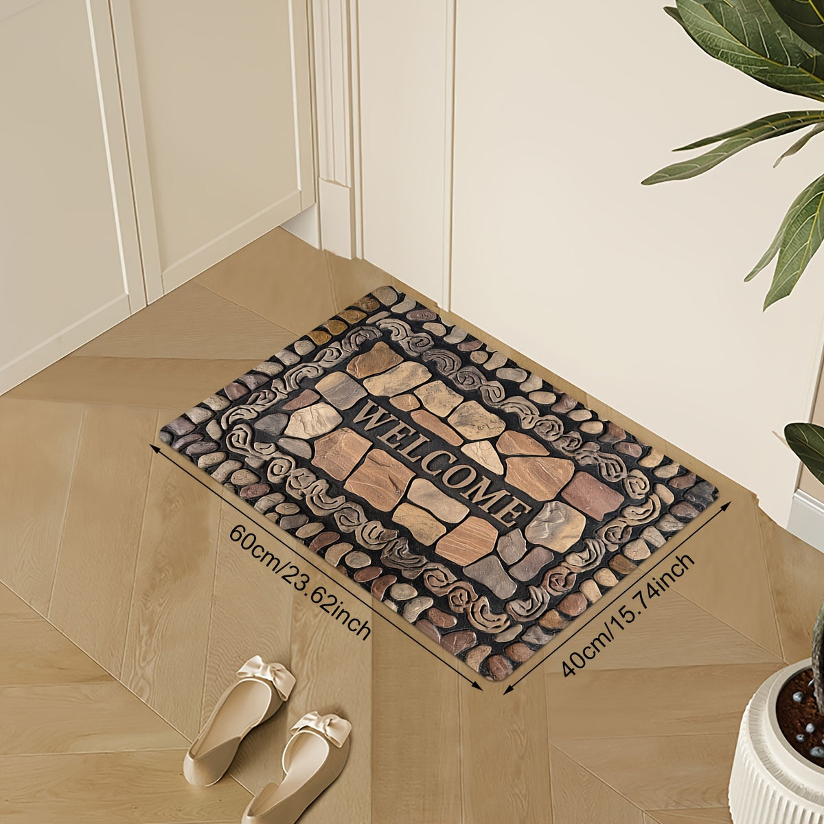 Introducing our Welcome Home Pebble Print Doormat! This versatile mat features a 1PC Flannel Fleece top layer and a 1cm Sponge Base for extra comfort. Made from lightweight, stain-resistant polyester, this non-slip mat is perfect for indoor or outdoor