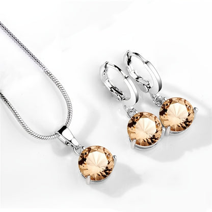 Crystal Zirconia pendant necklace & earrings set in white alloy with rhinestone accents, ideal for weddings and engagements, round shape, suitable for girls.