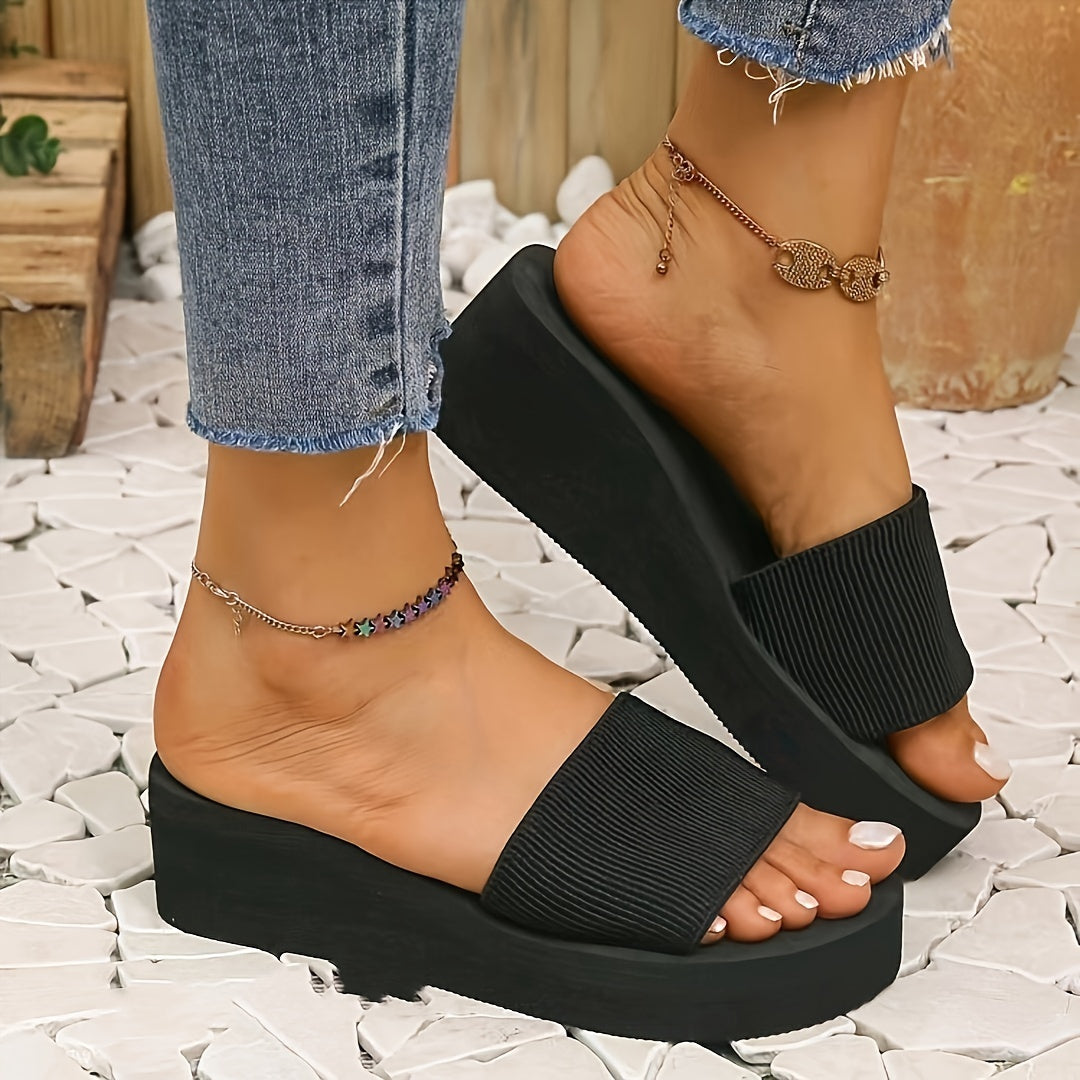 Chiwei Black Slide Sandals - Trendy Thick Sole, Open-Toe Design for Women and Couples. Comfortable EVA Material, Ideal for Indoor & Outdoor Use. Perfect for Students and Home Wear in Summer