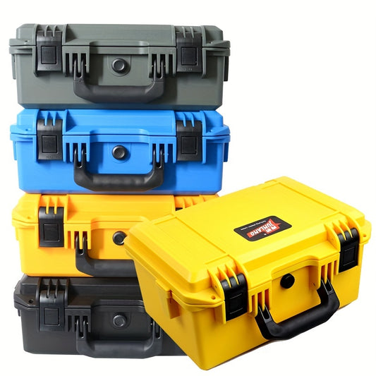 Portable plastic safety protection box for instruments, cameras, and tools. Waterproof and shockproof with sponge padding.