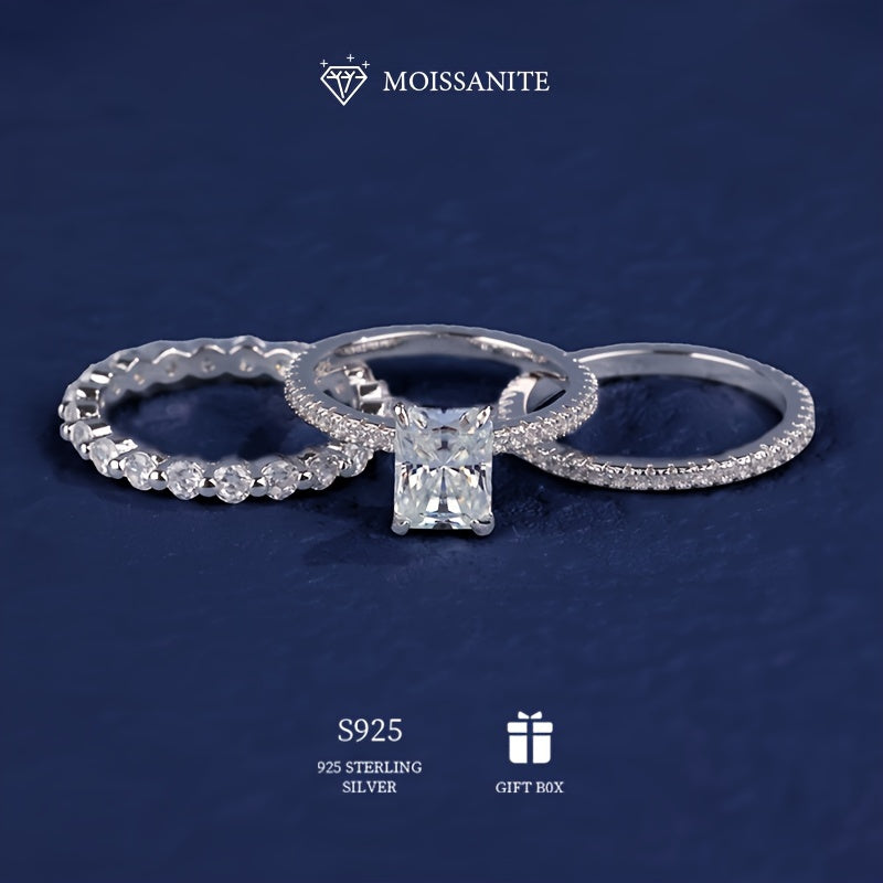 3-Piece Set of Classic Princess Beaded Stacking Rings for Women, featuring 2ct and 3ct Rectangular Moissanite Stones in Hypoallergenic 925 Sterling Silver. Perfect Valentine's Day Gift, Engagement, or Wedding Ring. Includes Moissanite Certificate and