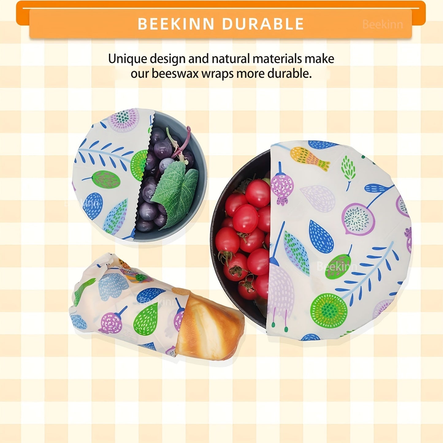 Set of 3 Beeswax Food Wraps, Eco-Friendly Fabric, Hand Washable, Environmentally Friendly, Sustainable Storage Solution for Kitchen