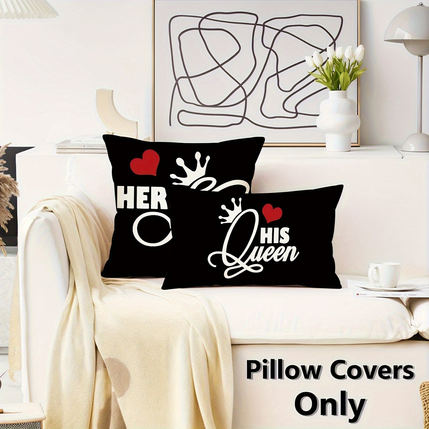 2pcs Lovers Theme Throw Pillow Covers featuring Hearts and Crowns print, 45.72cm x 45.72cm. Ideal gifts for wedding anniversary home decor. Suitable for porch, patio, couch, sofa, living room, or outdoor use. Pillow inserts not included.