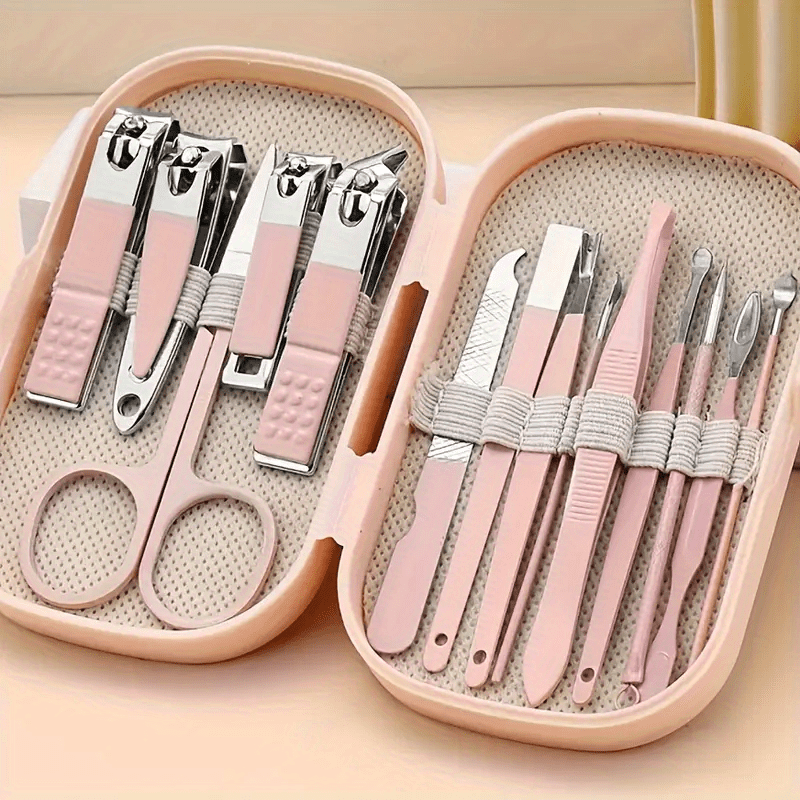 14-piece stainless steel nail and foot care set with nail clippers and shaping tools in a portable storage box. Suitable for both men and women, odorless, lightweight (≤10.58oz), and