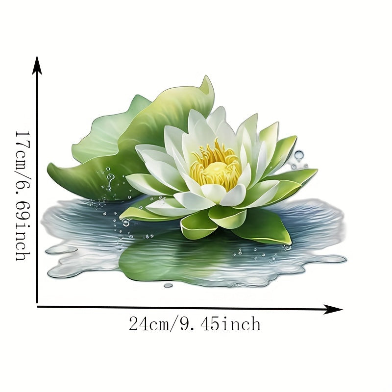 Elegant white lotus flower sticker - self-adhesive PVC decal for bathroom and home decor. Serene green and yellow floral design for walls, doors, fridges, and windows. Beautifies any room.