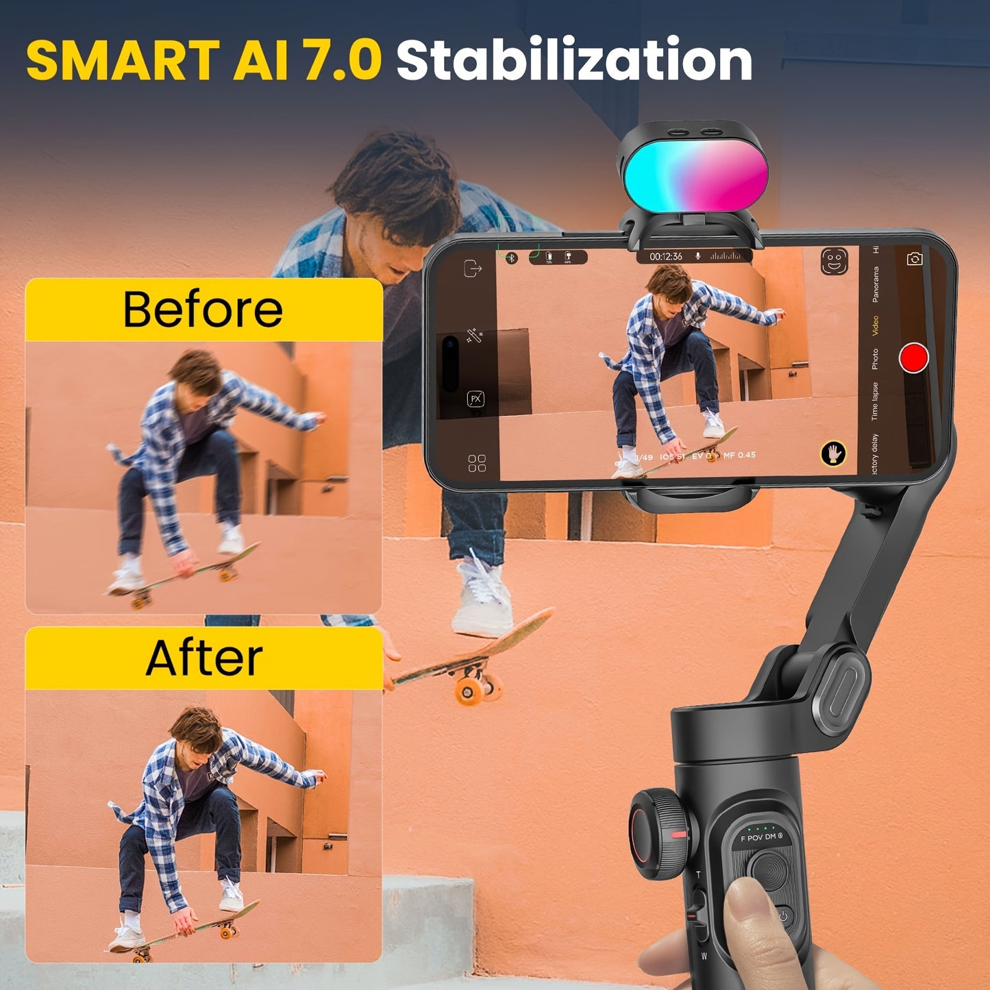 Phone gimbal stabilizer kit for Android phones with extension rod, storage bag, follow focus wheel, inception mode, and vlogging capabilities.