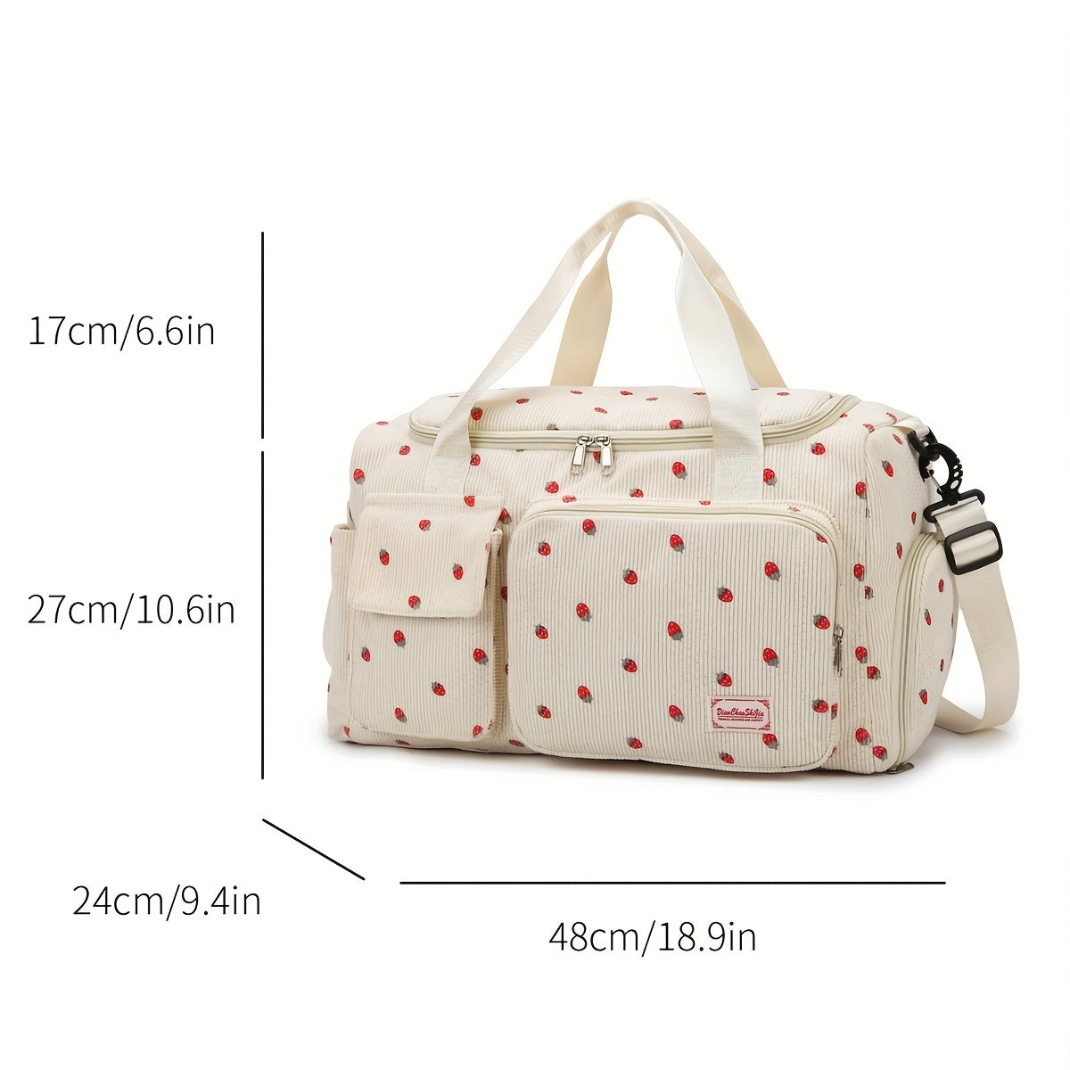 A spacious corduroy travel bag with strawberry print, wet and dry separation, shoe compartment, perfect for vacations, outings, school, crossbody use, and gym.