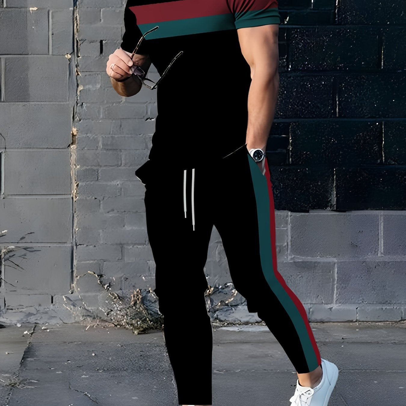 Men's 3D print sports sweatsuit set featuring crew neck short sleeve t-shirt and pants in a striped pattern. Regular fit, made of knit polyester with slight stretch, 180g/m² fabric weight