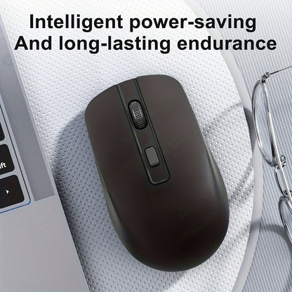 Battery powered 4D Button Wireless Optical Mouse with an ambidextrous plastic design for laptops and desktops - battery not included.