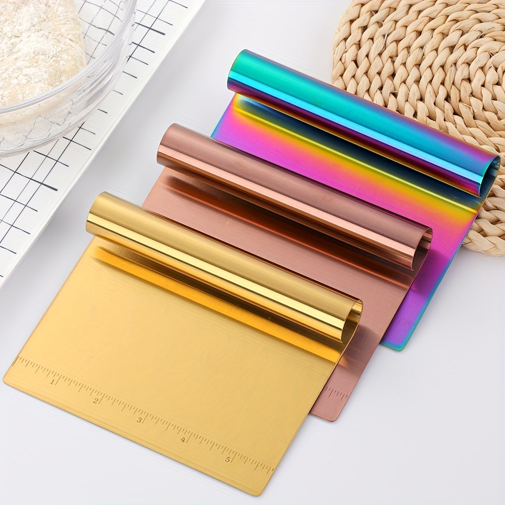 The Golden Fantasy Color Scraper is a versatile kitchen tool that comes in multiple colors. With its scale for easy operation, this scraper effortlessly shaves surfaces.