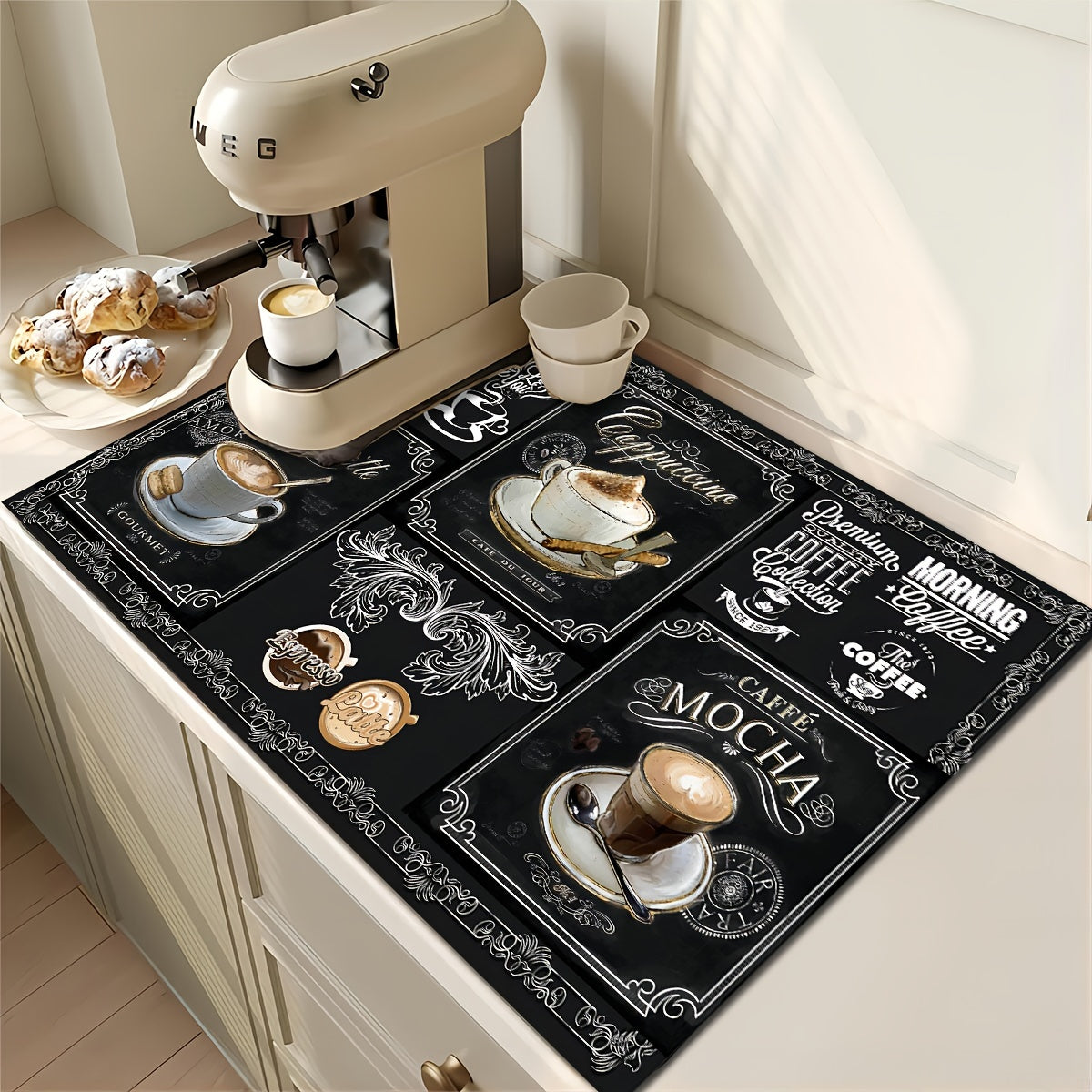 Rubber drying mat with retro coffee printing pattern, ideal for coffee shops and restaurants. This kitchen carpet tableware is made of durable diatom mud and can also be used as a pet mat. Perfect for coffee lovers, this mat also serves as unique home