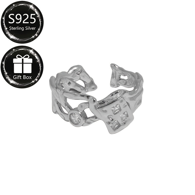 Luxurious 925 Sterling Silver Adjustable Ring featuring Shimmering Cubic Zirconia Stones, Distinctive Irregular Design, Perfect for Formal Events or Gift Giving, Versatile and Stylish Jewelry for any Occasion.