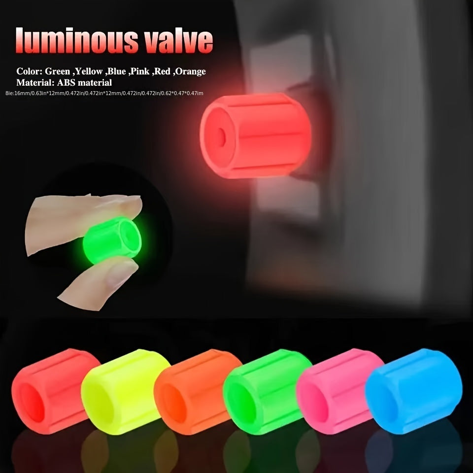 16pcs Luminous Tire Valve Stem Caps for bikes, motorcycles, and cars. Glow-in-the-dark wheel valve covers made of durable plastic. Dust-proof, leak-proof design.