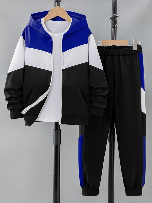 Polyester knit pullover with elastic stretch, featuring color block design. Loose fit for boys, perfect for spring/autumn outdoor activities. Comes with matching pants set.