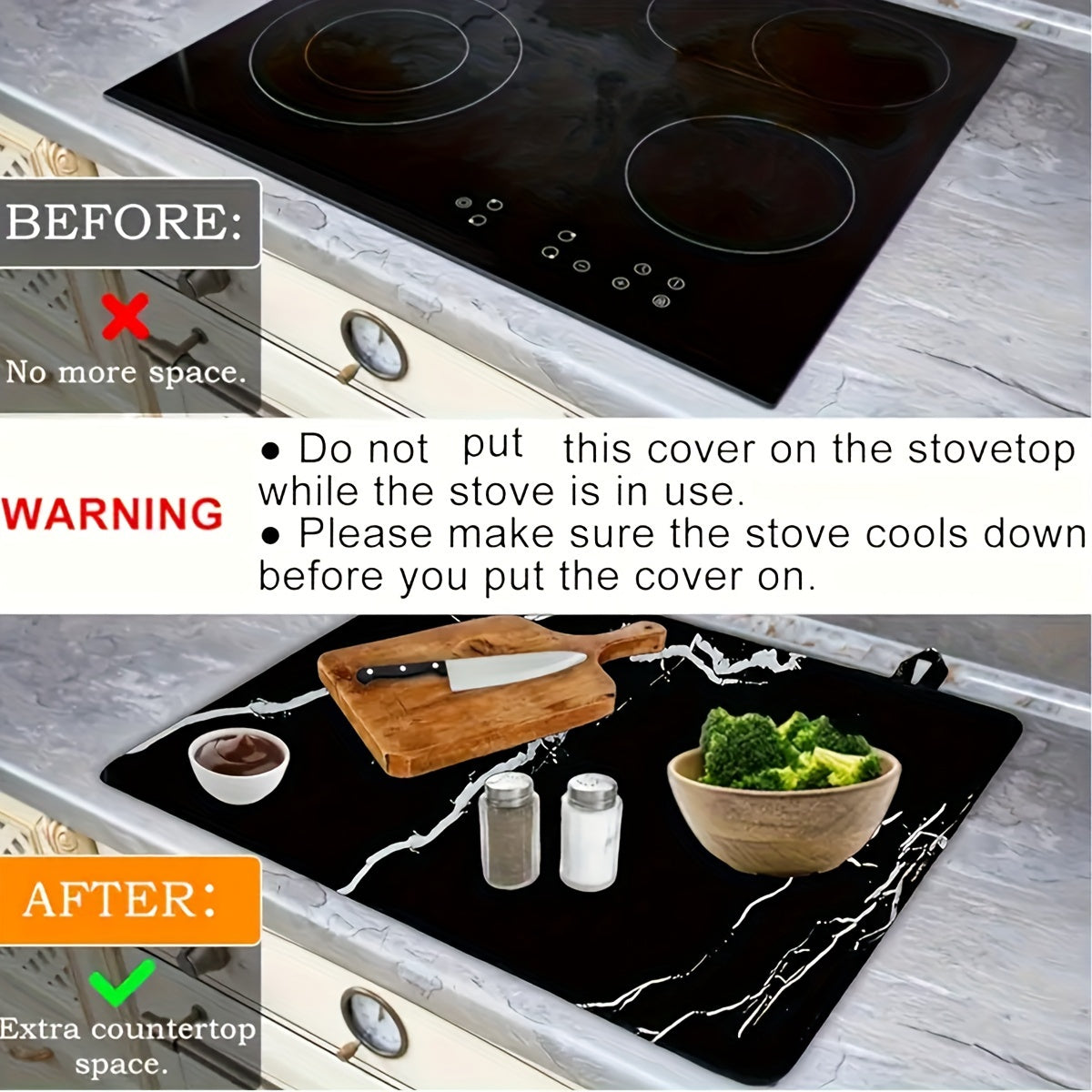 Protect your electric stove with this sleek Black Marble Stove Top Cover. Measuring 72.39x52.07cm, this heat-resistant glass protector is dishwasher safe and made from natural rubber. Perfect for your kitchen and dining area.