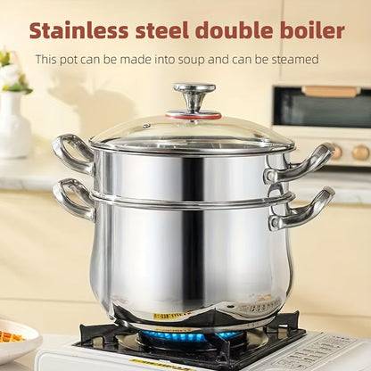 This 5-piece set of Stainless Steel Soup Pots comes with double handles and includes 2 pots, 1 lid, and 2 spoons. It is compatible with both induction cookers and gas stoves, making it perfect for preparing soup, hot pot, noodles, and seafood soup.