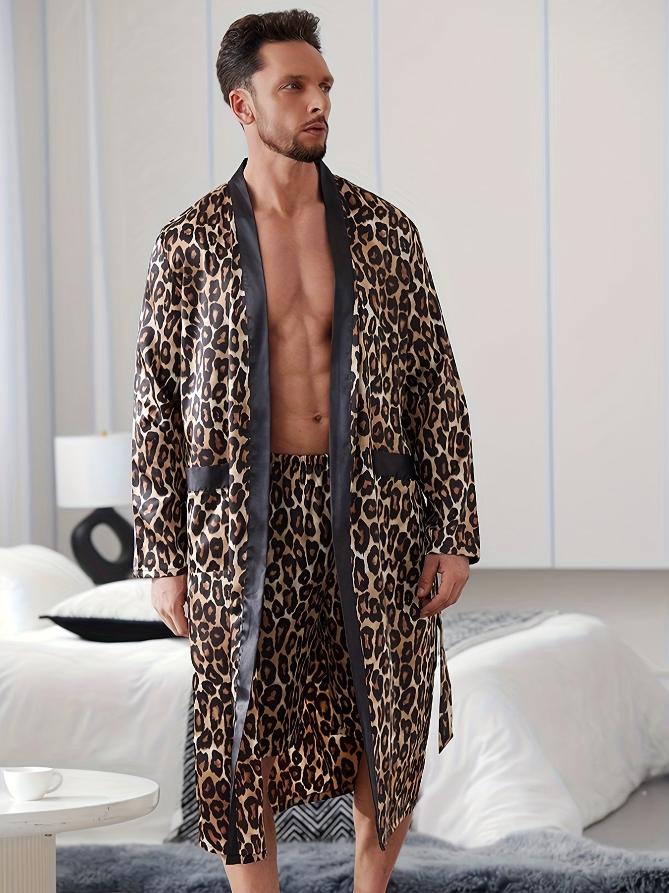 Men's Leopard Print Pajama Set with V-Neck, Long Sleeve Robe, Belted Pants - Machine Washable Casual Sleepwear